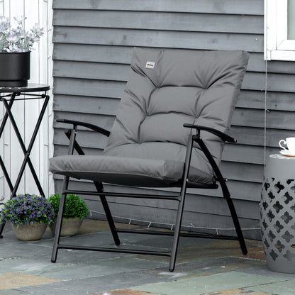 Foldable Lounge Chair, Fabric Upholstered Recliner, Outdoor Lounger with Armrest, Metal Frame for Backyard, Black
