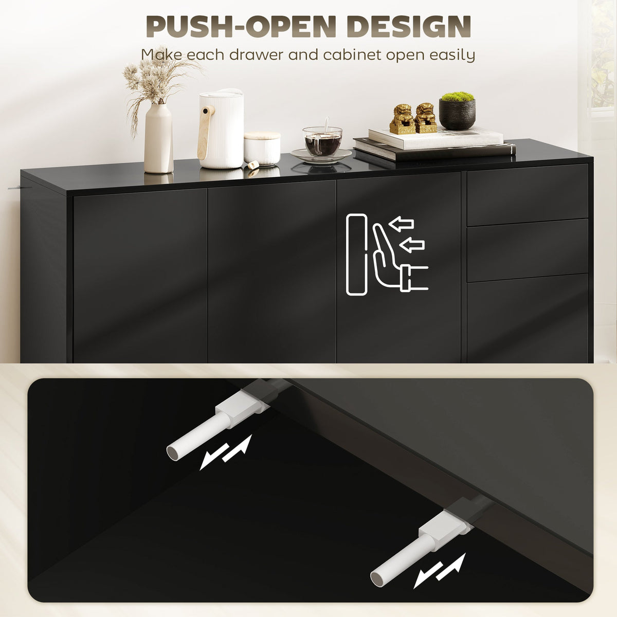 Kitchen Sideboard Storage Cabinet, Modern Coffee Bar with Push-Open Design and 2 Drawers for Living Room, White