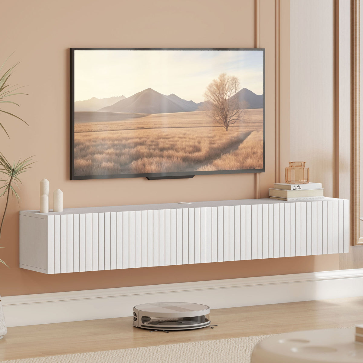 Jesse 55" Floating TV Stand with 2 Fluted Flip-Down Doors for TVs up to 72"-White