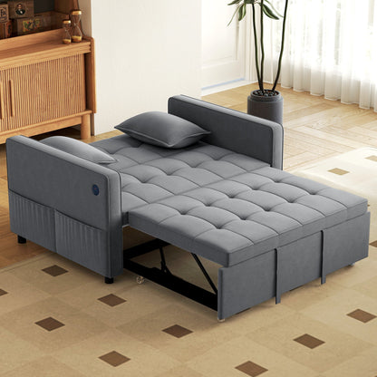 3‑in‑1 Convertible Sofa Bed, Pull Out Sleeper Sofa with USB Charging, Adjustable Backrest, Side Pockets, Beige