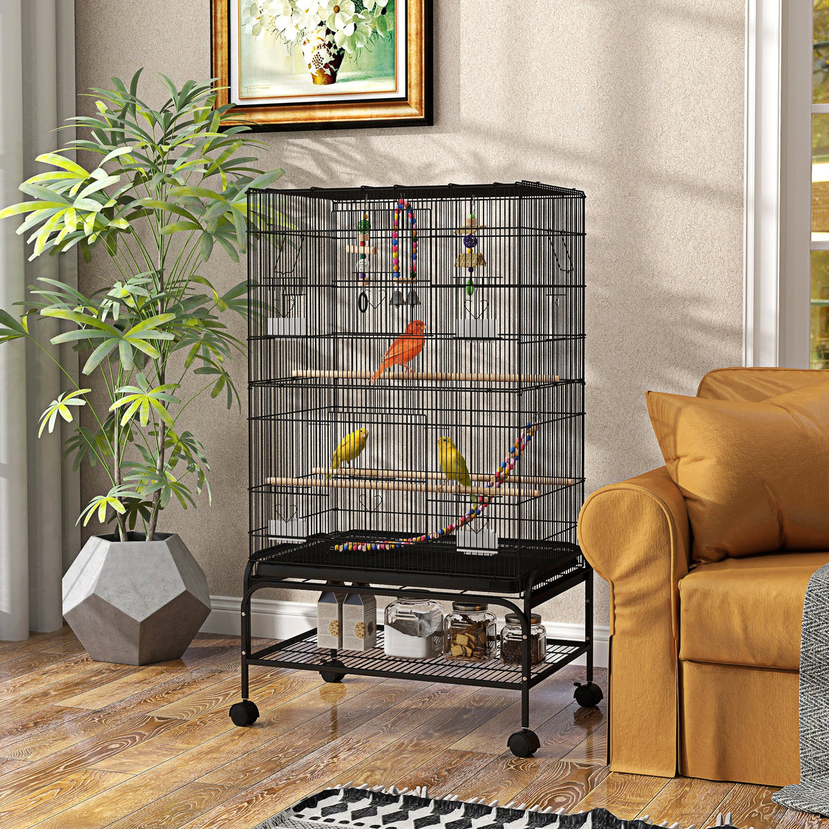 52" Bird Cage with Rolling Stand, Toys, for Budgies Canaries Black