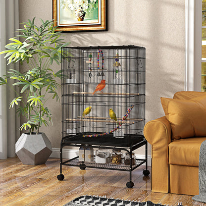 52" Bird Cage with Rolling Stand, Toys, for Budgies Canaries Black