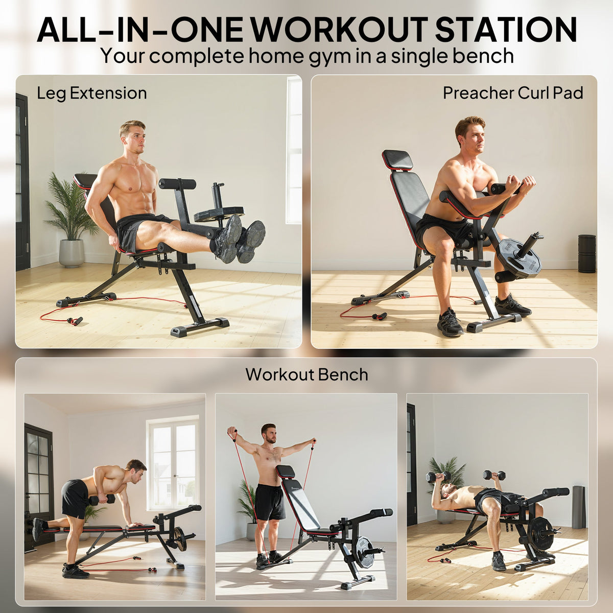 Adjustable Weight Bench with Wheels, Load 660LBS Workout Bench with Leg Extension, Preacher Curl and Resistance Bands