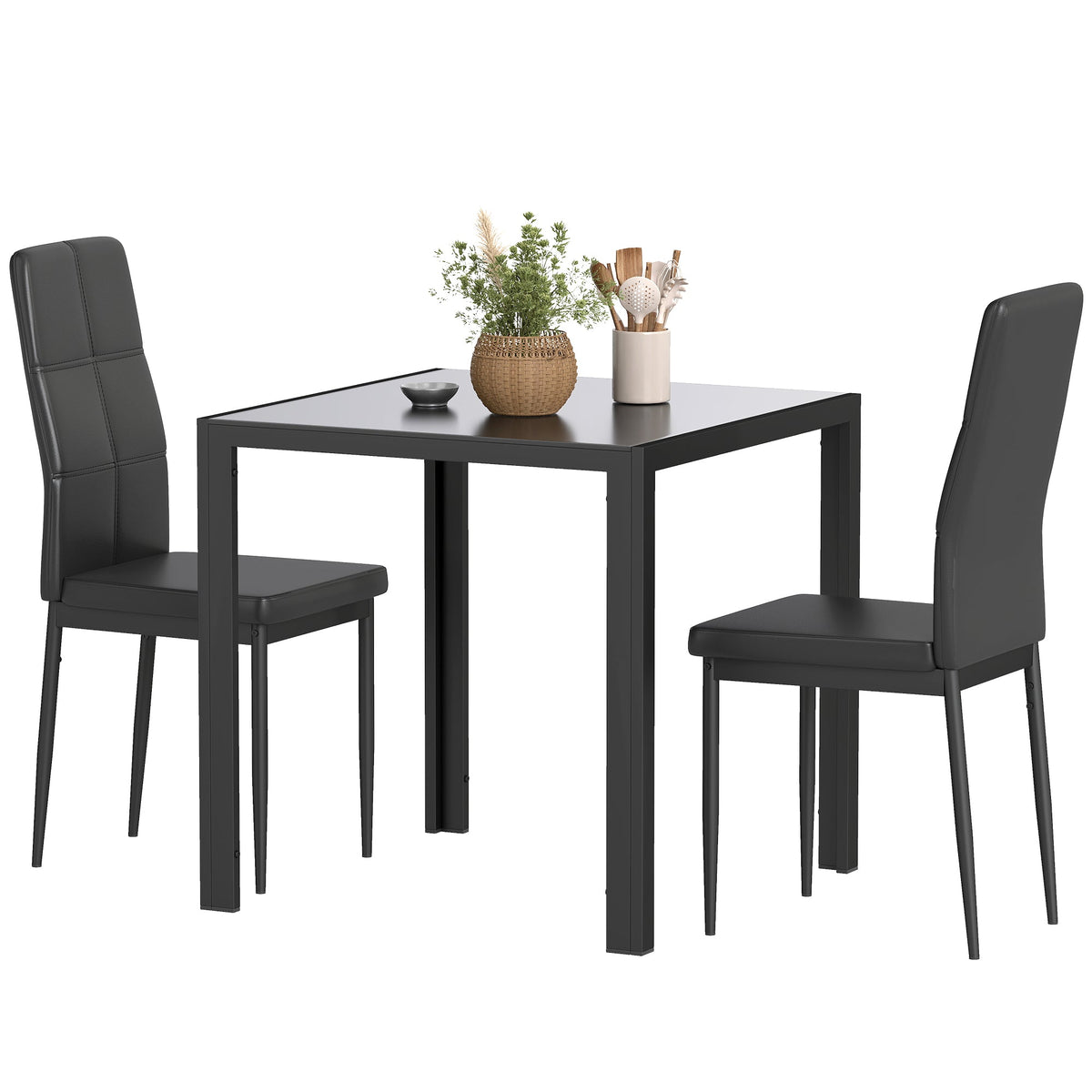 5-Piece Rectangular Glass Kitchen Table and Chairs with Metal Frame and Faux Leather Upholstery for Dining Room, Black