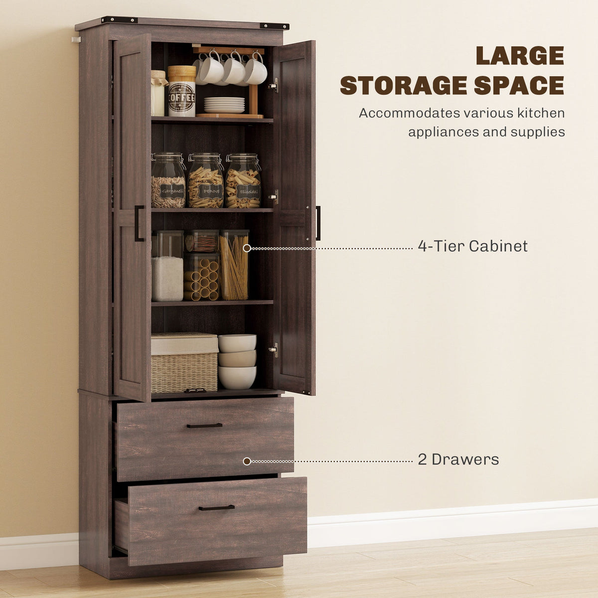 67" Tall Kitchen Pantry Storage Cabinet, Kitchen Pantry Cabinet with Doors, Drawers and Adjustable Shelves, Black