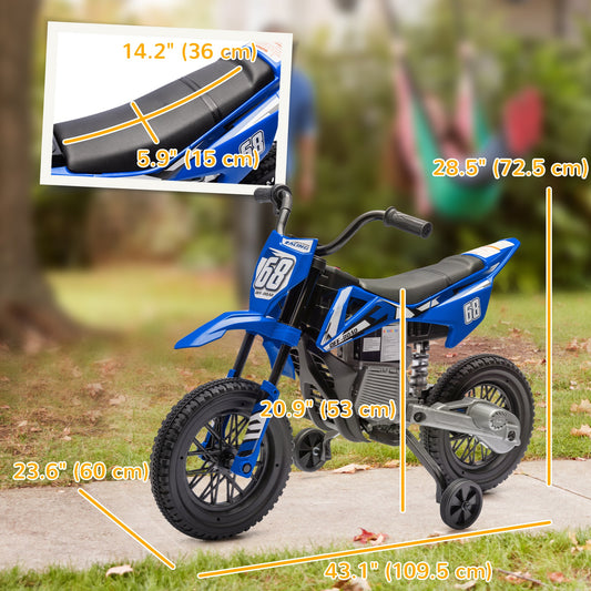12V Kids Dirt Bike, Electric Motorcycle with Twist Grip Throttle, Training Wheels, Rear Suspension & Music, Blue