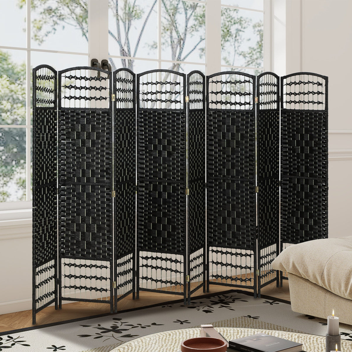 4 Panel Folding Room Divider, Portable Privacy Screen, Wave Fiber Room Partition for Home Office, Black