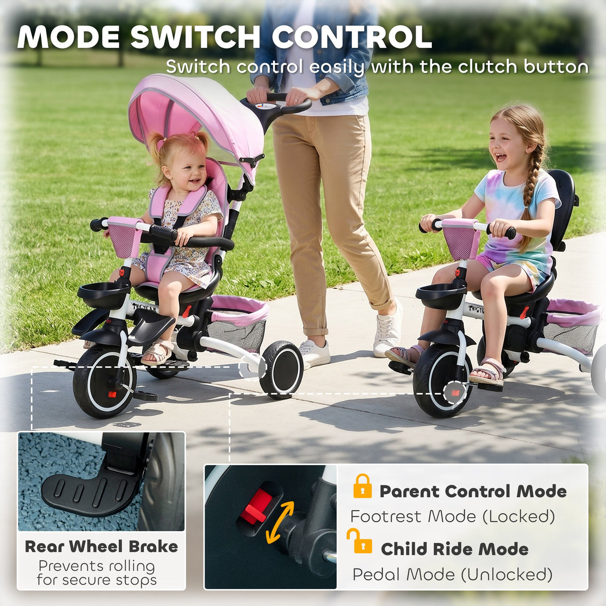 Tricycle for Toddler 6-in-1 Kids Trike, Foldable Converts Stroller to Baby Push Bike, Adjustable Backrest with Detachable Guardrail & Handle, Brake for 1-4 Years Old, Grey
