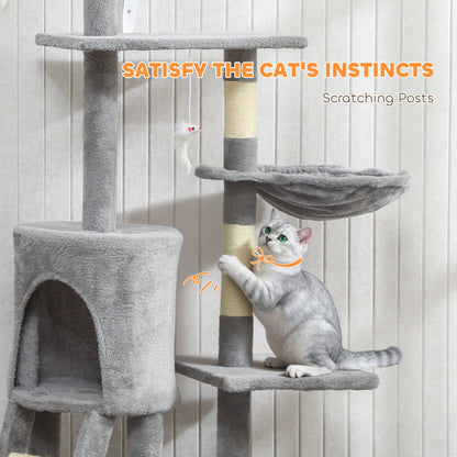 53" Cat Tree Tower, Kitten Activity Centre with Scratching Posts, Condo, Perches, Ladder, Hammock, Dangling Toys, Grey