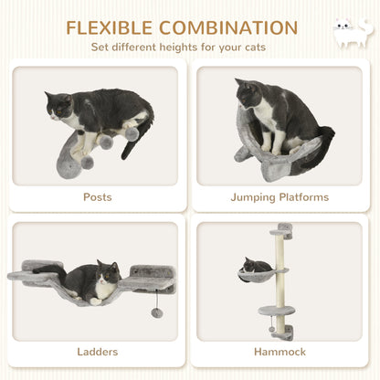 4Pcs Cat Wall Shelf with Scratching Post, Cat Wall Shelves for Relaxing, Climbing, Cat Wall With Soft Ladder, Hammock, Play Balls, Grey