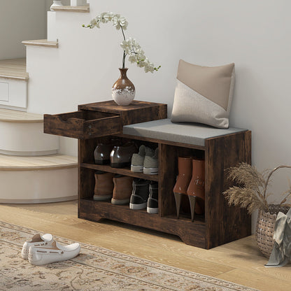 Upholstered Shoe Storage Bench, Hallway Shoe Storage with Seat, Drawer, 3 Open Shelves for Entryway, Grey