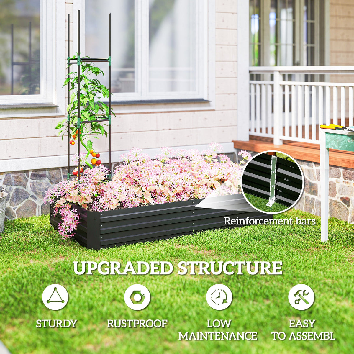6' x 3' x 1' Raised Garden Bed with 2 Trellis Tomato Cages, Steel Frame Elevated Planter Box, Black