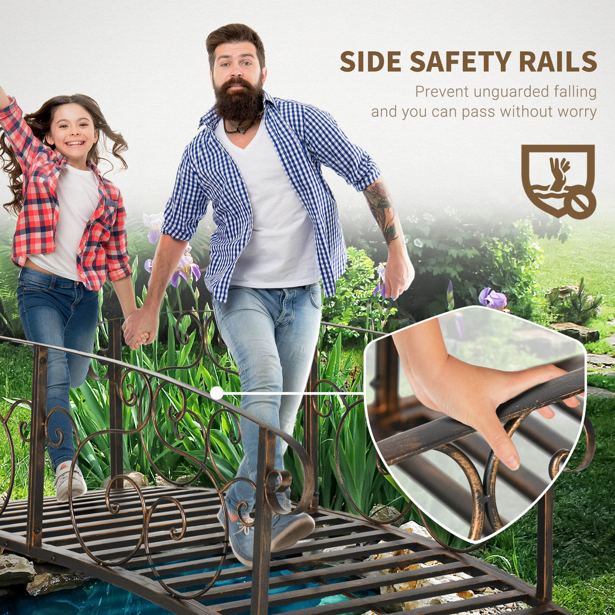 6FT Steel Garden Bridge with Safety Siderails, Decorative Arc Landscaping Bridge for Backyard Creek Stream Pond, Black