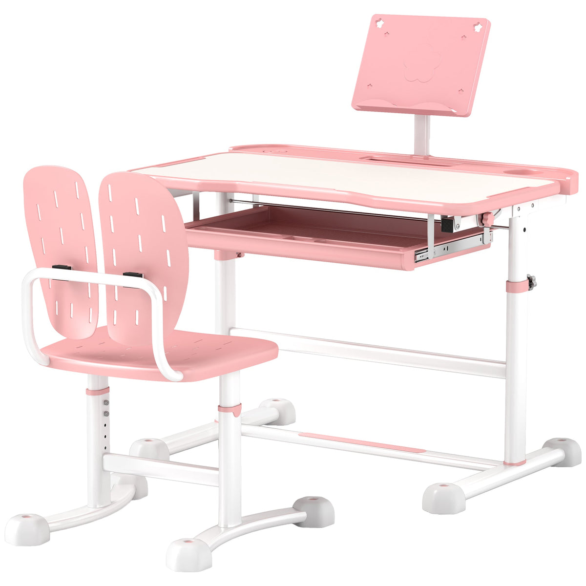 Height Adjustable Kids Desk and Chair Set with Tilt Desktop, Large Writing Board, Storage Drawer, Book Stand, Grey