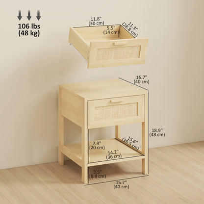 Narrow Nightstand with Rattan Elements, Bedside Table with Drawer and Storage Shelf for Bedroom, Natural