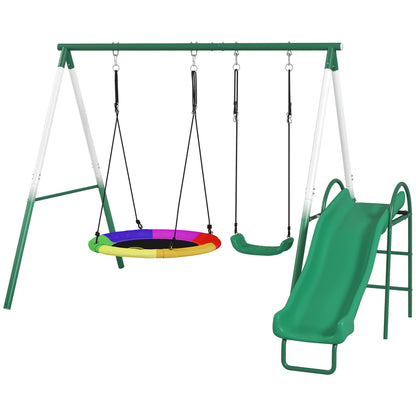 Metal Swing Set with Slide, Saucer Swing Seat, Heavy Duty A-Frame Stand and Adjustable Rope for Backyard, Dark Green