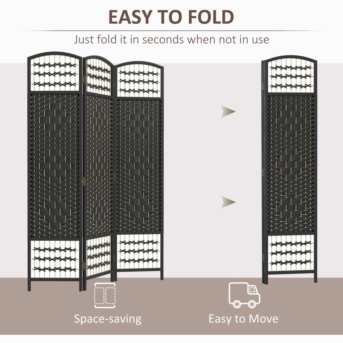4 Panel Folding Room Divider, Portable Privacy Screen, Wave Fiber Room Partition for Home Office, Black