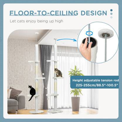 88.5"-100.5" Floor to Ceiling Cat Tree, Cat Tower with Scratching Posts, Cloud Shaped Platforms, Dangling Balls, Cream