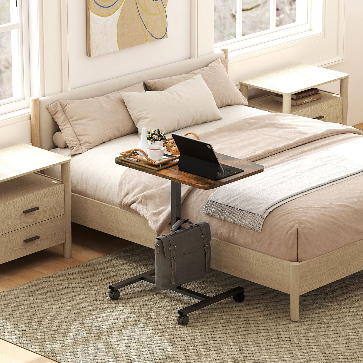 Height Adjustable Standing Desk, Pneumatic Sit Stand Desk with Wheels and Headphone Hook, Grey Wood Grain