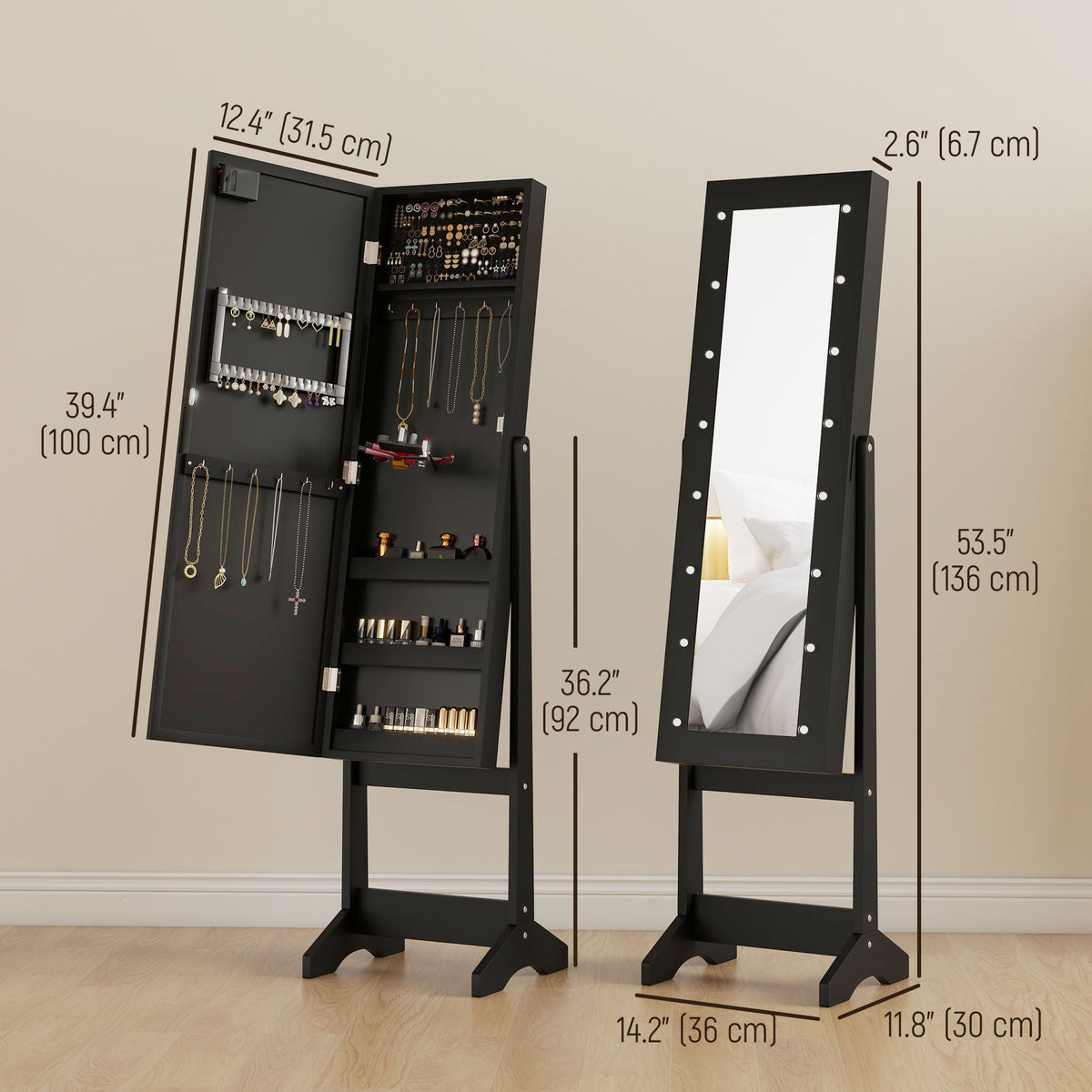 Free Standing Armoire Organizer, Lighted Mirrored Jewelry Cabinet w/ Angle Adjustable & 16 LED Lights Warm White
