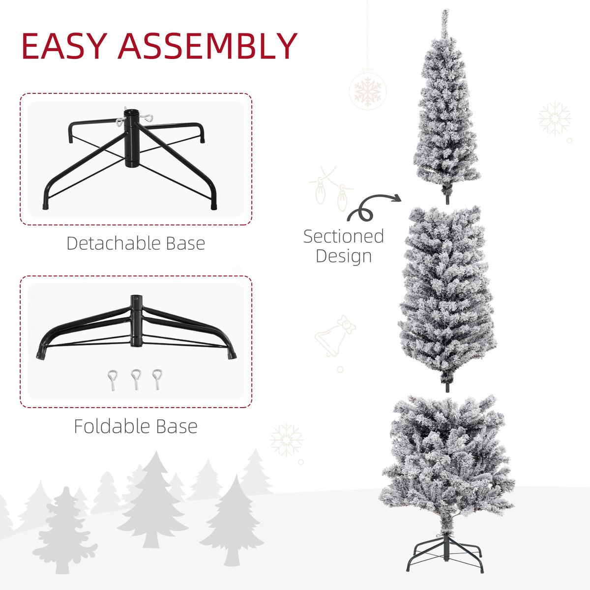 6ft Flocked Christmas Tree, Pencil Christmas Tree with Realistic Branch Tips, Folding Metal Stand, Green
