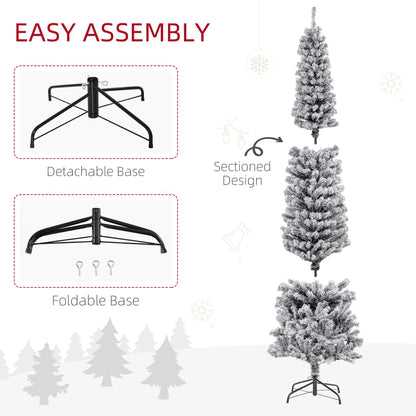 6ft Flocked Christmas Tree, Pencil Christmas Tree with Realistic Branch Tips, Folding Metal Stand, Green