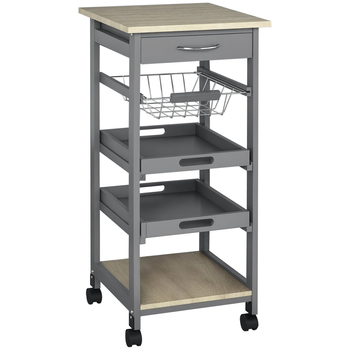 Rolling Kitchen Island Cart, Mobile Utility Storage Cart with Drawer, Wire Storage Basket, Removable Tray, Grey