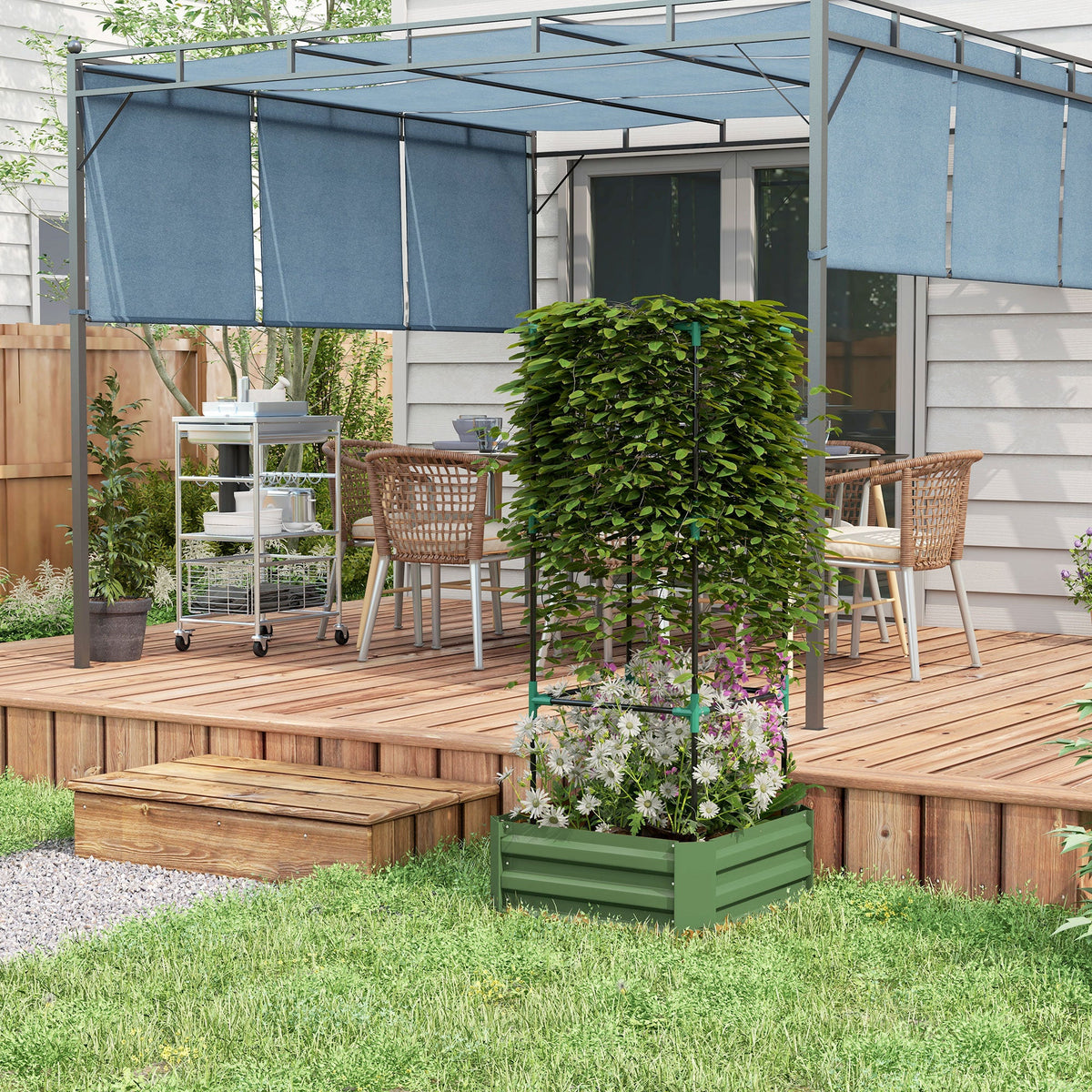 Galvanized Planter Box, Outdoor Raised Garden Bed with 3-Tier Trellis Tomato Cage for Climbing Vines, Vegetables, Brown