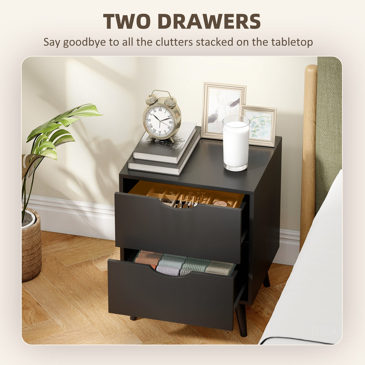 Modern Bedside Table, Nightstand with 2 Drawers and Pine Wood Legs for Bedroom, Living Room, White