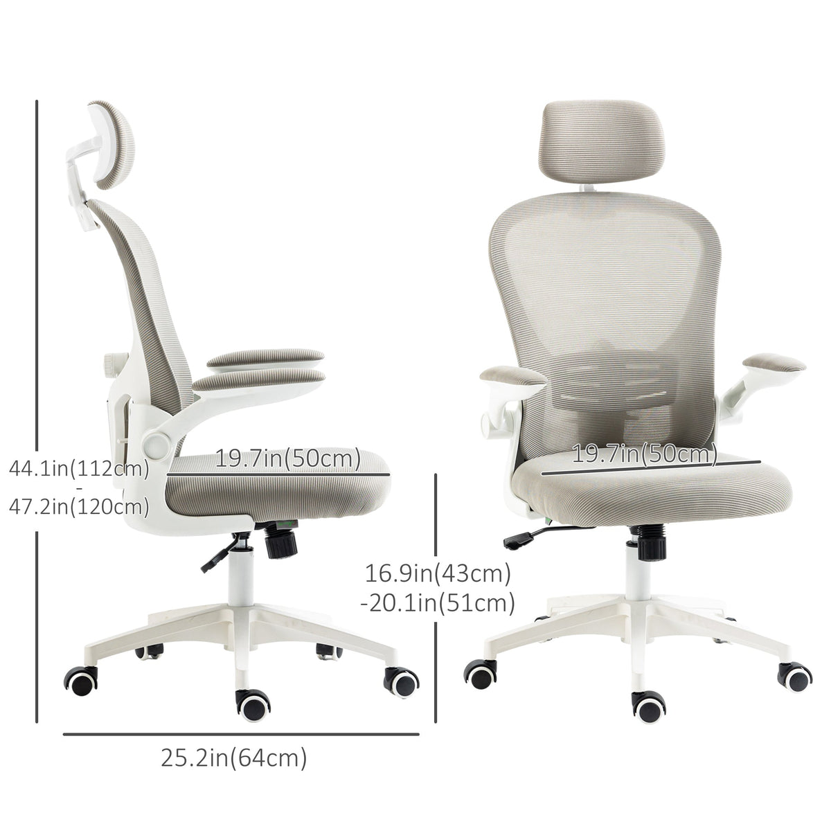 Office Chair, Mesh Computer Desk Chair with Adjustable Headrest, 4D Lumbar Support, Flip-up Arm, Grey