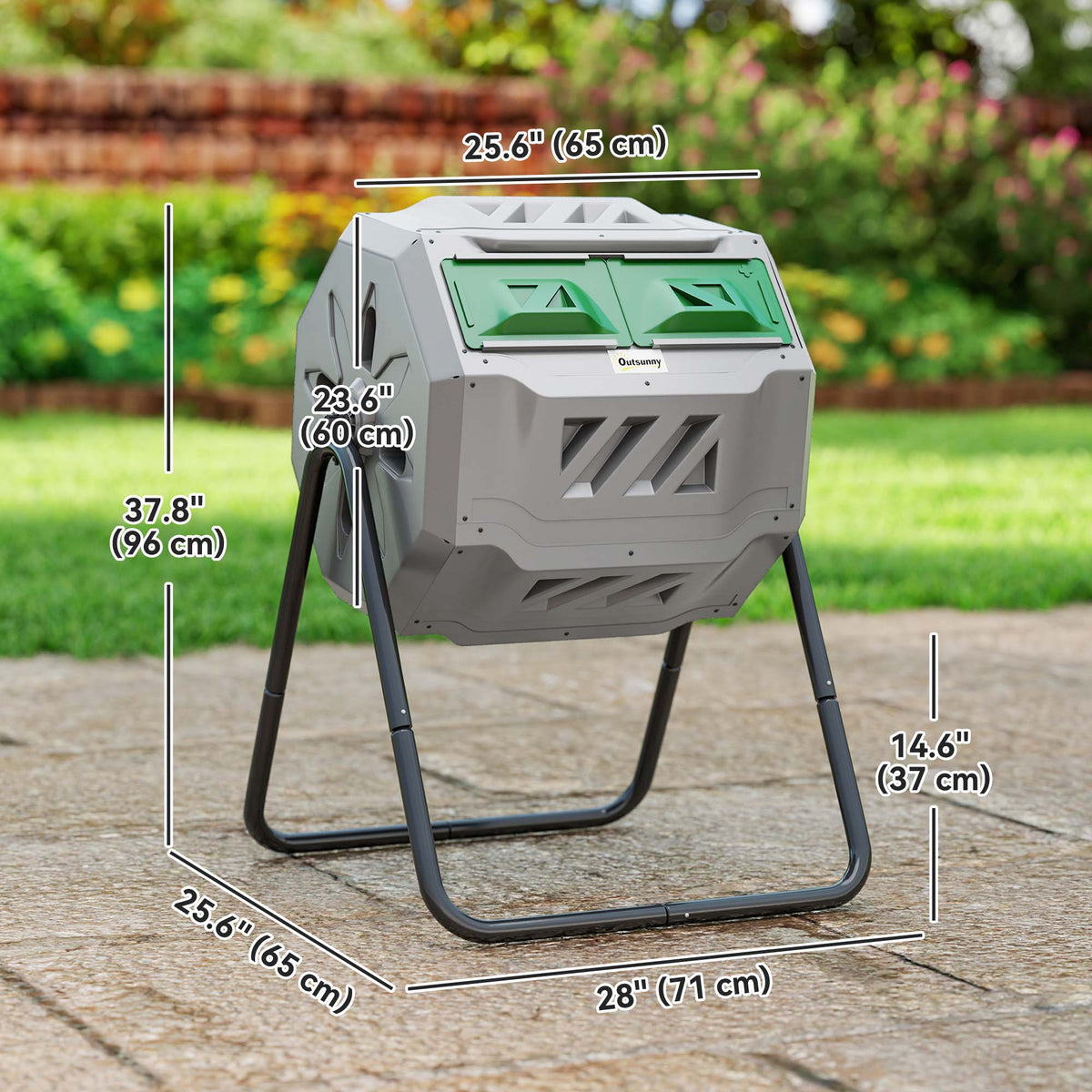 43 Gallon (160L) Tumbling Compost Bin Outdoor Dual Chamber 360° Rotating Composter with Sliding Doors, Solid Steel Frame and Gloves, Black