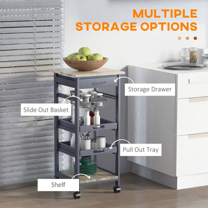 Rolling Kitchen Island Cart, Mobile Utility Storage Cart with Drawer, Wire Storage Basket, Removable Tray, Grey