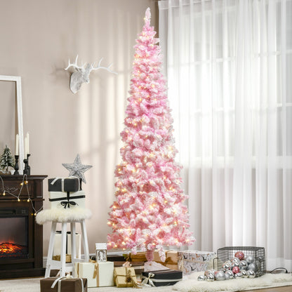 6 Foot Prelit Snow Flocked Artificial Christmas Tree with Pencil Shape, 500 Pine Realistic Branches, Warm White LED lights, Auto Open, Pink and White