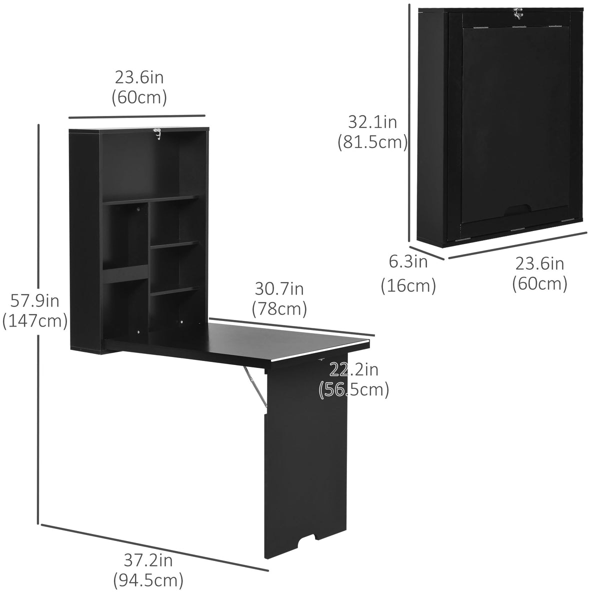 Wall Mounted Table Fold Out Convertible Desk, Multi-Functional Space Saving Computer Desk with Writing Floating Board for Students, White and Black