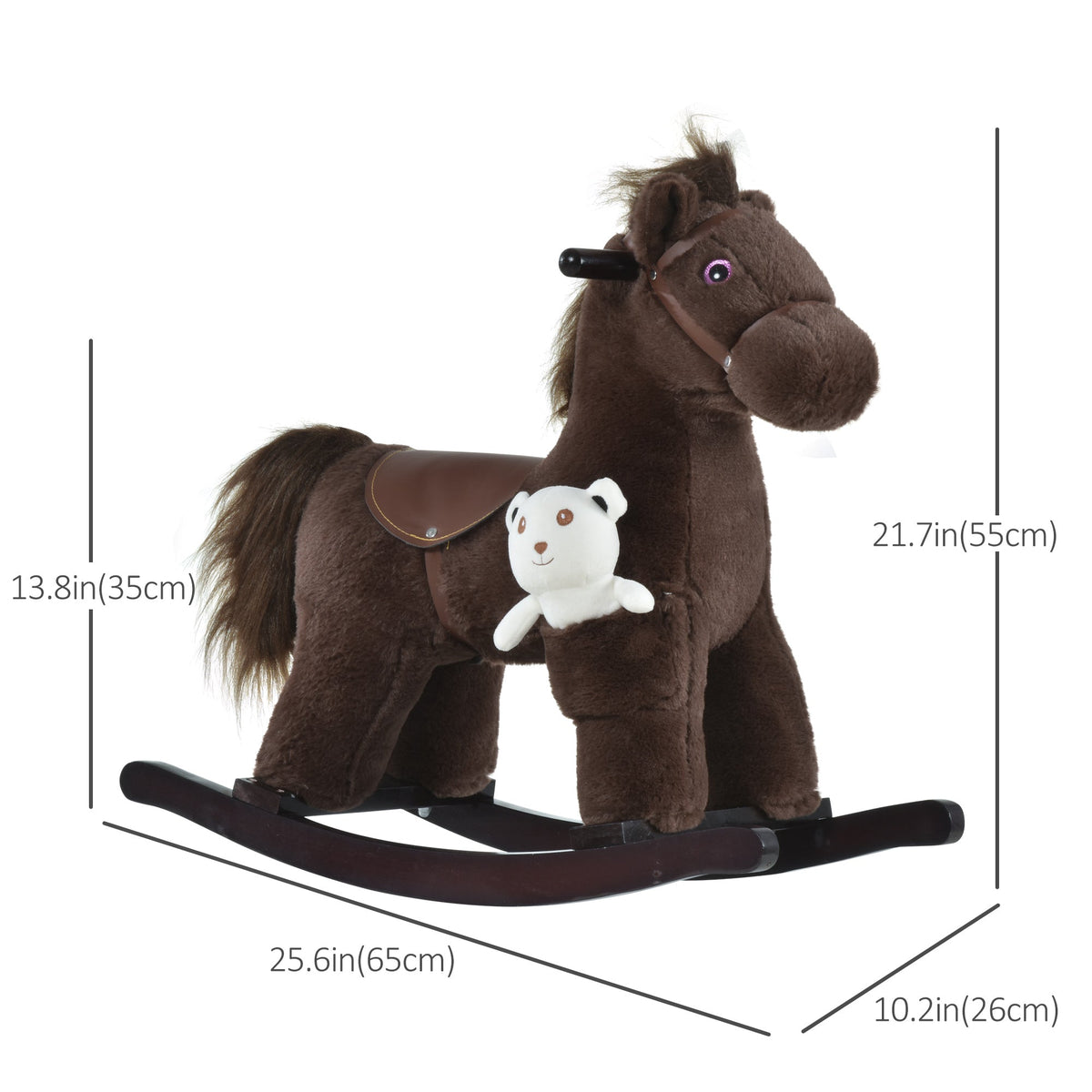 Kids Rocking Horse Plush Animal on Wooden Rockers with Sounds, Wooden Base and Bear Toy, Baby Rocking Chair, Brown