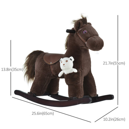 Kids Rocking Horse Plush Animal on Wooden Rockers with Sounds, Wooden Base and Bear Toy, Baby Rocking Chair, Brown