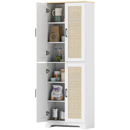 67" Tall Kitchen Pantry, Freestanding Kitchen Storage Cabinet with 4 Rattan Doors and Adjustable Shelves, Oak