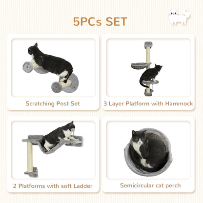 5PCs Cat Wall Shelves with Hammock, Scratching Posts, Perches, Ladder, for Indoor Cats, Light Grey