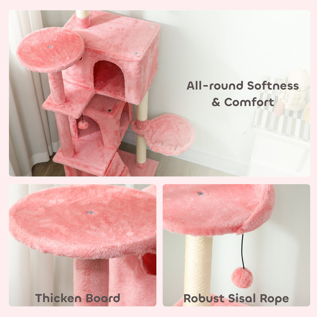 63 Inch Cat Tree with Sisal Scratching Posts, Condos, Plush Perches, Hammock, Ladder, Dangling Balls, Beige