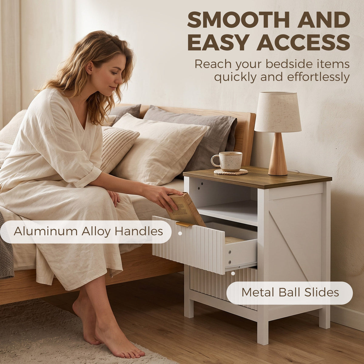 Modern Nightstand with 2 Fluted Drawers, Bedside Table with Open Storage Shelf, Anti-tipping Design, White and Walnut