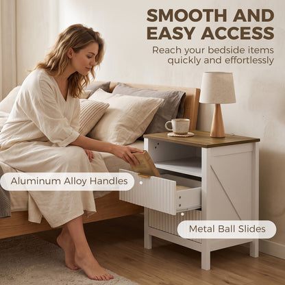 Modern Nightstand with 2 Fluted Drawers, Bedside Table with Open Storage Shelf, Anti-tipping Design, White and Walnut