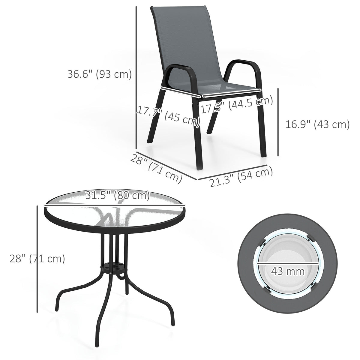Five-Piece Steel Patio Set, with Glass-Top Table - Black