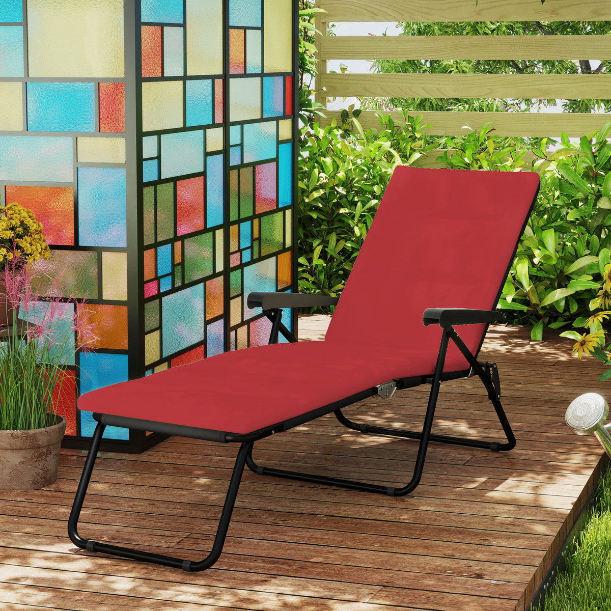 Foldable Lounge Chair, Reclining Patio Sun Lounger with 6-Position Adjustable Back, Blue and White