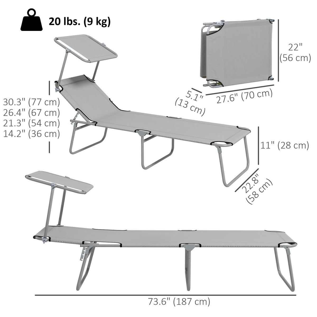 2Pcs Outdoor Lounge Chair, Adjustable Folding Chaise Lounge with Sun Shade for Beach, Camping, Hiking, Light Grey