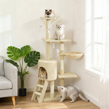 53" Cat Tree Tower, Kitten Activity Centre with Scratching Posts, Condo, Perches, Ladder, Hammock, Dangling Toys, Grey